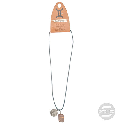 35542 Collar Horóscopo Geminis Con Mineral Canto Rodado Ojo De Tigre Cordón 45+5cms Aprox - stonez