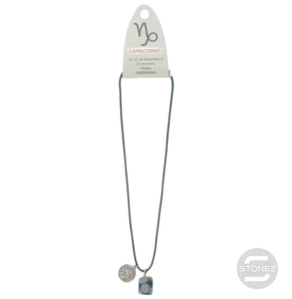 35542 Collar Capricornio Con Mineral Canto Rodado Obsidiana Nevada Cordón 45+5cms Aprox - stonez