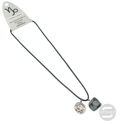 35542 Collar Capricornio Con Mineral Canto Rodado Obsidiana Nevada Cordón 45+5cms Aprox - stonez