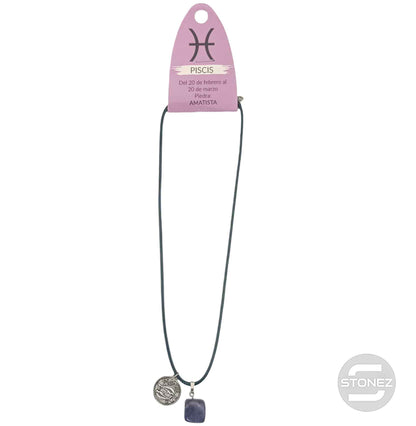 35542 Collar Horóscopo Piscis Con Mineral Canto Rodado Amatista Cordón 45+5cms Aprox - stonez