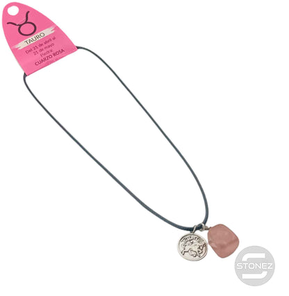 35542 Collar Horóscopo Tauro Con Mineral Canto Rodado Cuarzo Rosa Cordón 45+5cms Aprox - stonez
