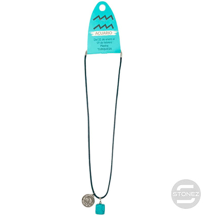 35542 Collar Horóscopo Acuario Con Mineral Canto Rodado Turquesina Cordón 45+5cms Aprox - stonez