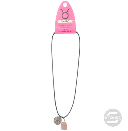 35542 Collar Horóscopo Tauro Con Mineral Canto Rodado Cuarzo Rosa Cordón 45+5cms Aprox - stonez