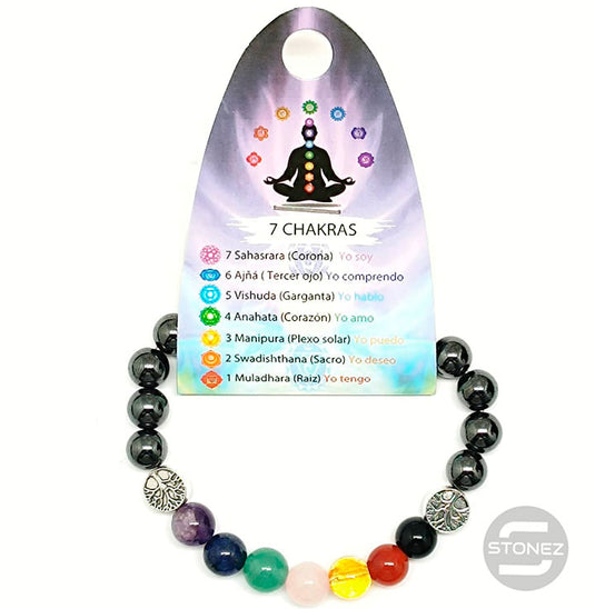 36303-14 Pulsera Hematite Imantado / 7 Chakras 8 mm Árbol