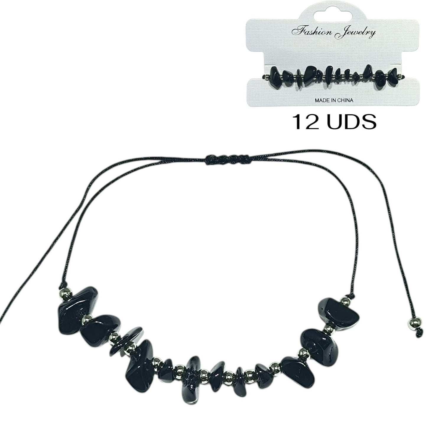 Paquete 12 Pulseras Hilo Con Piedra Turmalina Chips Y Bolas Acero