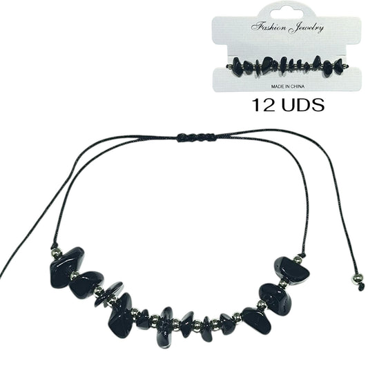 Paquete 12 Pulseras Hilo Con Piedra Turmalina Chips Y Bolas Acero