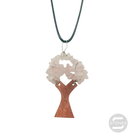 37323-02 Colgante Árbol De La Vida Madera Y Piedra Cuarzo Rosa 4,5 Cms Aprox Con Cordón 45 Cms