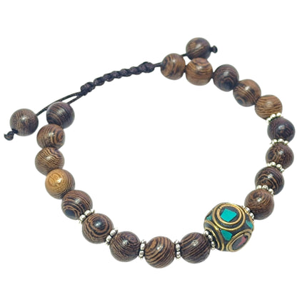 Pulsera Madera Coco Y Entrepieza Tibetana 12 mm Aprox (EL DIJE PUEDE LIGERAMENTE SER DIFERENTE) Ref:600404337-04