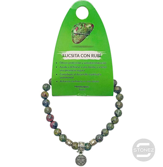 38046-04 Pulsera Rubi En Fucsita 6 mm Con Dije Metal San Benito