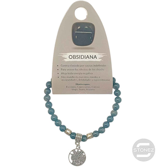 38046-04 Pulsera Obsidiana Dorada 6 mm Con Dije Metal Tetragrammaton