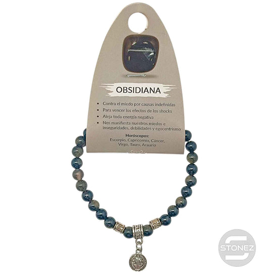 38046-04 Pulsera Obsidiana Dorada 6 mm Con Dije Metal San Benito