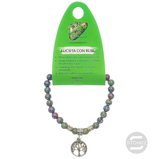 38047-31 Pulsera Rubi En Fucsita 6 mm Con Dije Metal Arbol De La Vida
