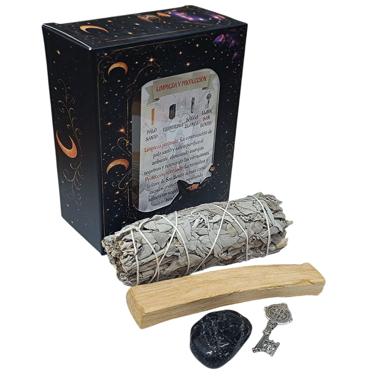 Kit Limpieza Y Proteccion :Atado Salvia , Palo Santo, Turmalina Y Dije Llave San Benito 200002960