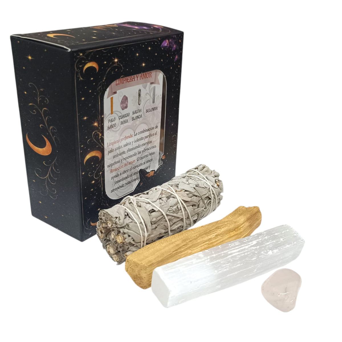 Kit Limpieza Amor :Atado Salvia , Palo Santo, Selenita y Cuarzo Rosa REF: 200002961