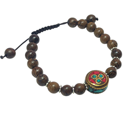 Pulsera Madera Coco Y Entrepieza Tibetana 15 mm Aprox (EL DIJE PUEDE LIGERAMENTE SER DIFERENTE) Ref:600404337-02