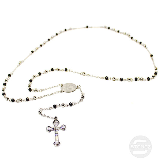 40011106-02 Collar Acero Negro y Plateado Rosario 70 Cms Bolas 4 mm