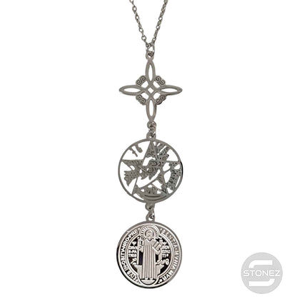 400503423-01 Collar Acero Triple proteccion Nudo De Bruja Tetragramaton Y San Benito Cadena 40+5 Cms.