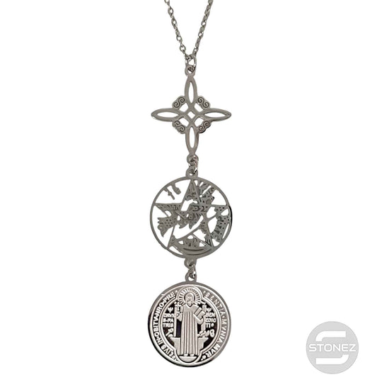 400503423-01 Collar Acero Triple proteccion Nudo De Bruja Tetragramaton Y San Benito Cadena 40+5 Cms.