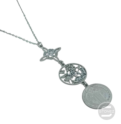 400503423-01 Collar Acero Triple proteccion Nudo De Bruja Tetragramaton Y San Benito Cadena 40+5 Cms.