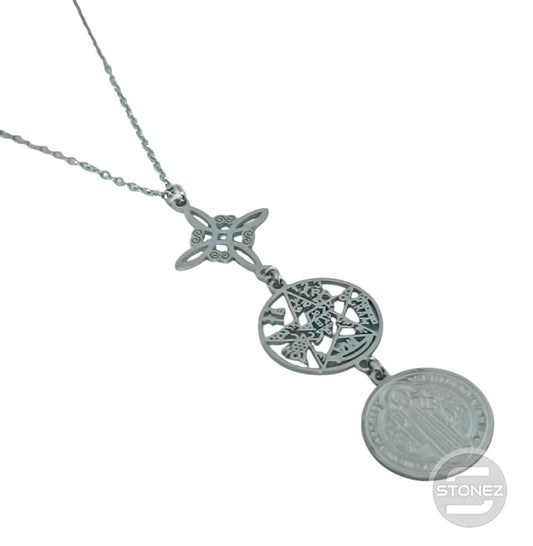 400503423-01 Collar Acero Triple proteccion Nudo De Bruja Tetragramaton Y San Benito Cadena 40+5 Cms.