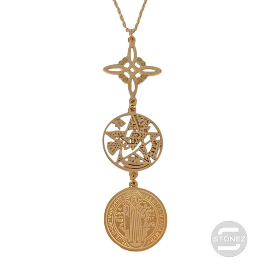 400503423-02 Collar Acero Dorado Triple proteccion Nudo De Bruja Tetragramaton Y San Benito Cadena 40+5 Cms.