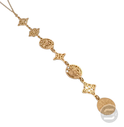 400503423-04 Collar Acero Dorado Simbolos Nudo De Bruja Y Tetragramaton 11 Cms Cadena 40+5 Cms