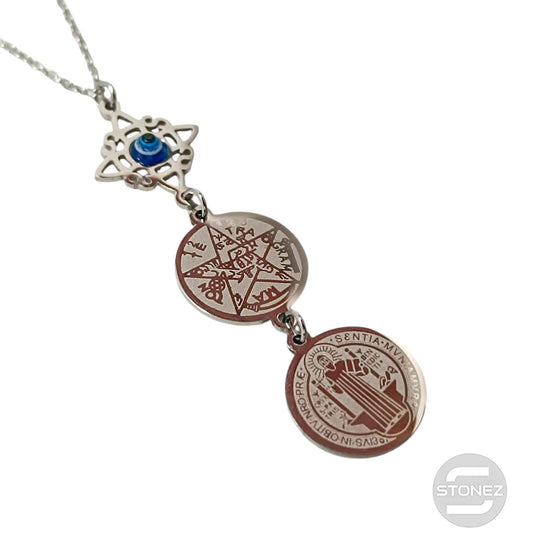 Collar Acero Triple Proteccion Nudo De Bruja Ojo Turco Tetragramaton Y San Benito Cadena 40+5 Cms