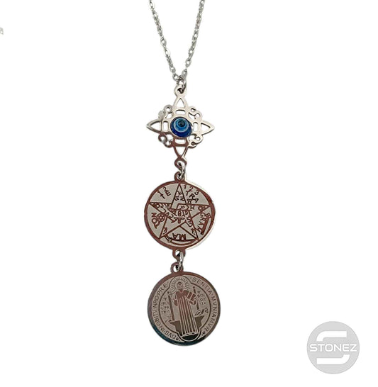 Collar Acero Triple Proteccion Nudo De Bruja Ojo Turco Tetragramaton Y San Benito Cadena 40+5 Cms