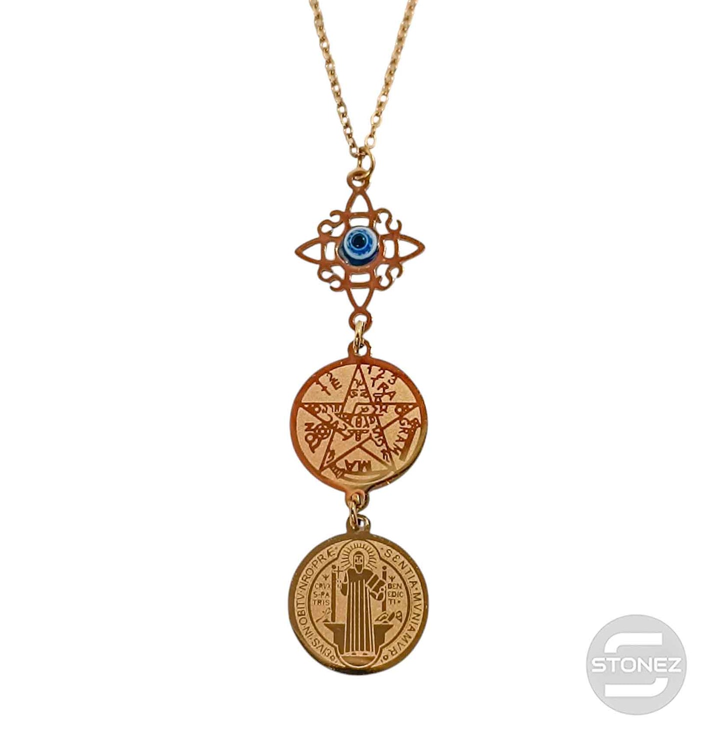 Collar Acero Dorado Triple Proteccion Nudo De Bruja Ojo Turco Tetragramaton Y San Benito Cadena 40+5 Cms