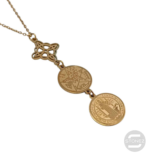 Collar Acero Dorado Triple Poteccion Nudo De Bruja Tetragramaton y San Benito Cadena 40+5 Cms