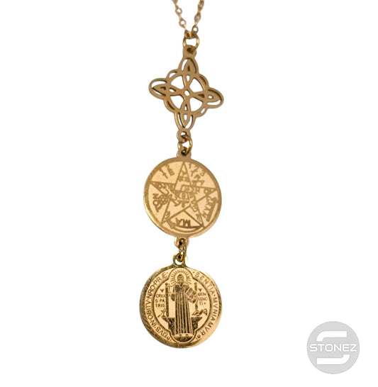 Collar Acero Dorado Triple Poteccion Nudo De Bruja Tetragramaton y San Benito Cadena 40+5 Cms