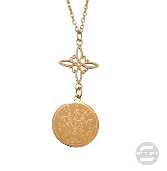 Collar Acero Dorado Doble Poteccion Nudo De Bruja Tetragramaton Cadena 40+5 Cms