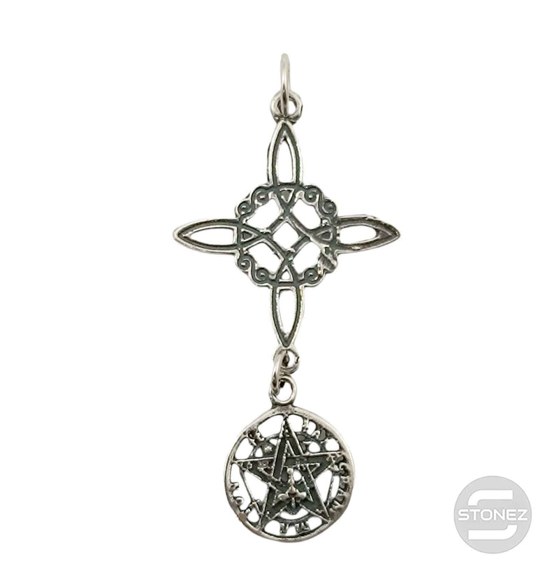 Cargue la imagen en el visor de la galería, 400802393 Colgante De Plata 925 Doble Protección Nudo De Bruja/Tetragramatón 45mm Largo
