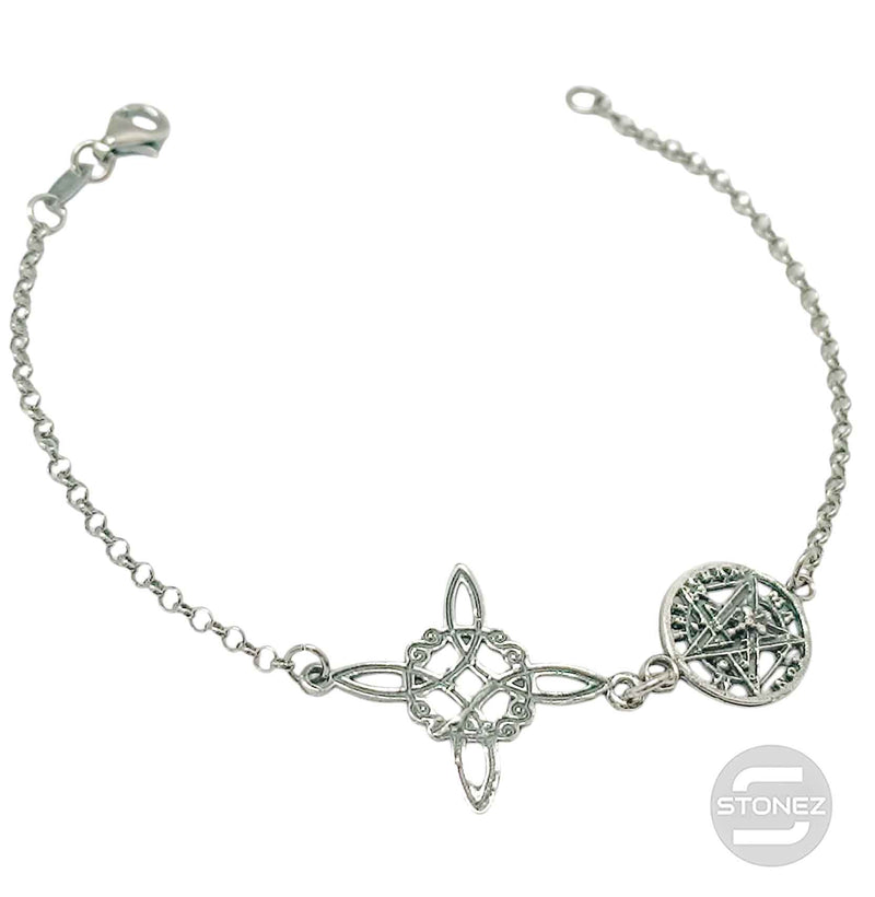 Carregue a imagem no visualizador da galeria, 40082743 Pulsera de Plata Ley 925 Tetragramaton y nudo de Bruja Doble Proteccion 19 Cms
