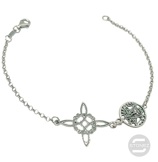 40082743 Pulsera de Plata Ley 925 Tetragramaton y nudo de Bruja Doble Proteccion 19 Cms