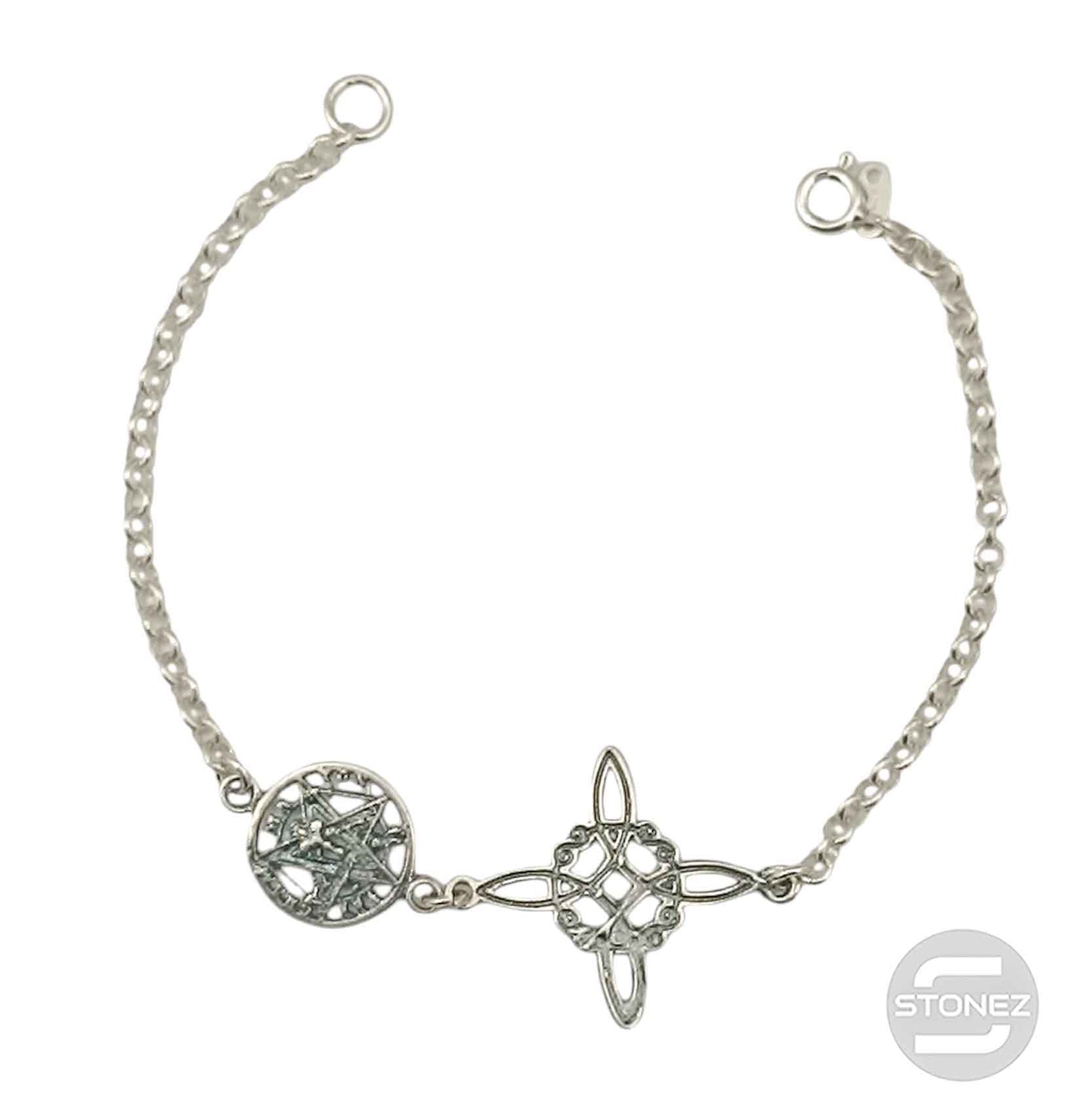 400802992 Pulsera de Plata Ley 925 Tetragramatón y nudo de Bruja Doble Protección 18 Cms