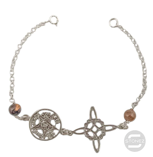 400803191-09 Pulsera Doble Protección Plata 925 Con Piedra Ojo De Tigre 18 Cms Aprox