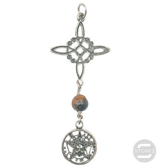 400803192-09 Colgante De Plata 925 Ojo De Tigre Nudo De Bruja Y Tetragramaton 55 mm