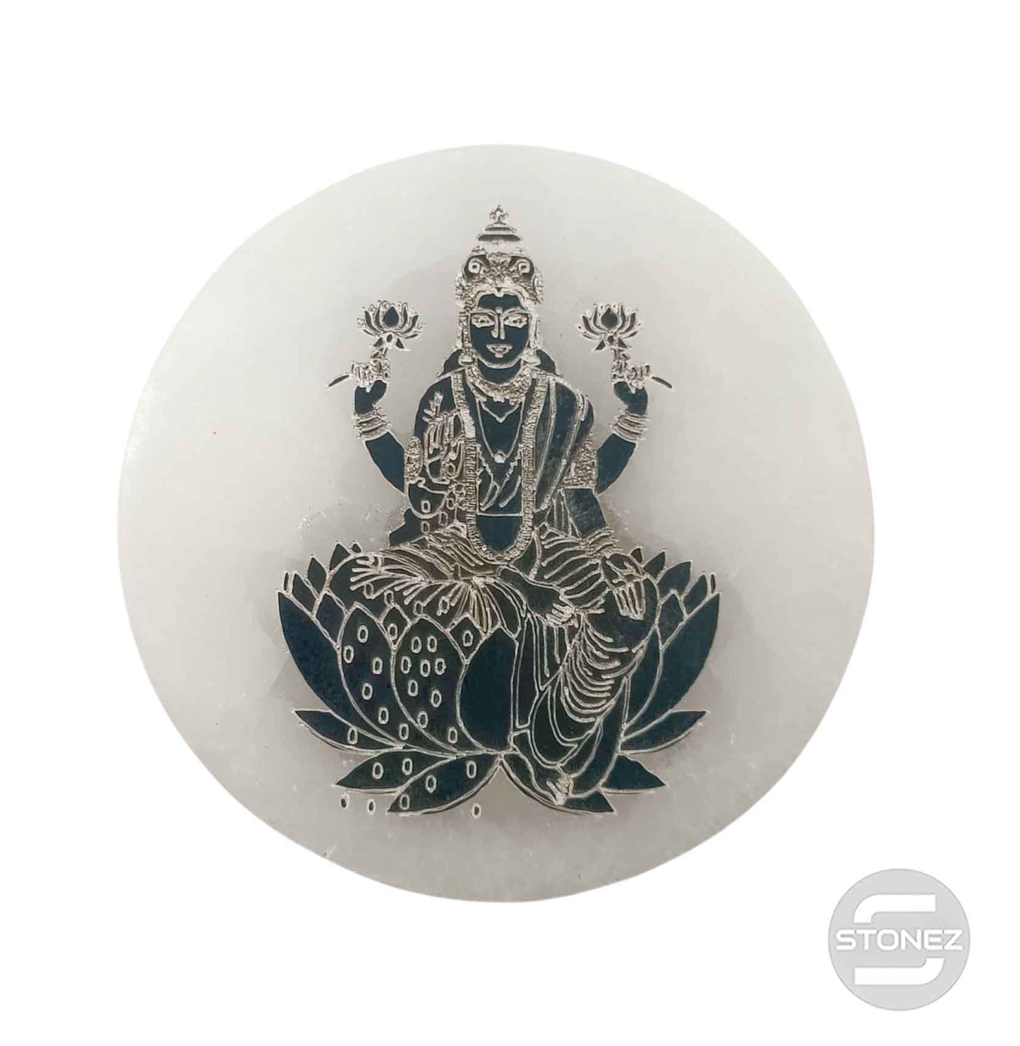 400901653-03 Plato Selenita Grabado Laxmi 10 Cms Aprox