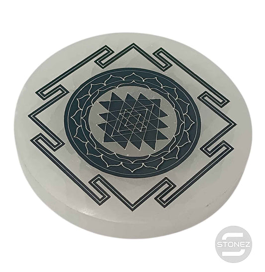 400901653-22 Plato Selenita Grabado Shri Yantra 10 Cms Aprox
