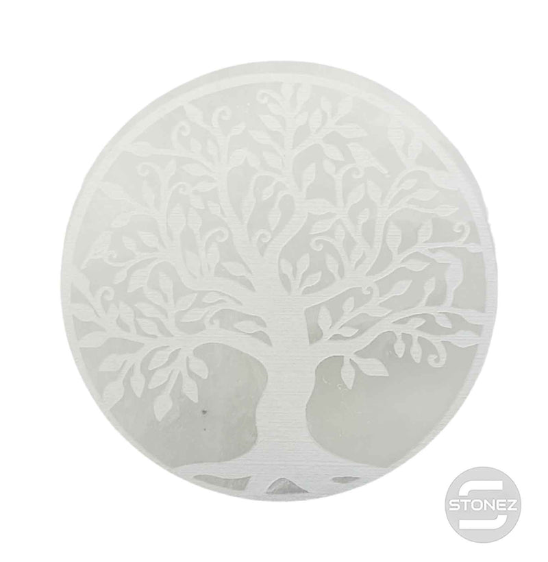 Cargue la imagen en el visor de la galería, 400901653 Plato Selenita Grabado Árbol De La Vida 10 Cms Aprox
