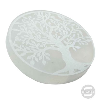 400901653-19 Plato Selenita Grabado Árbol De La Vida 10 Cms Aprox - stonez