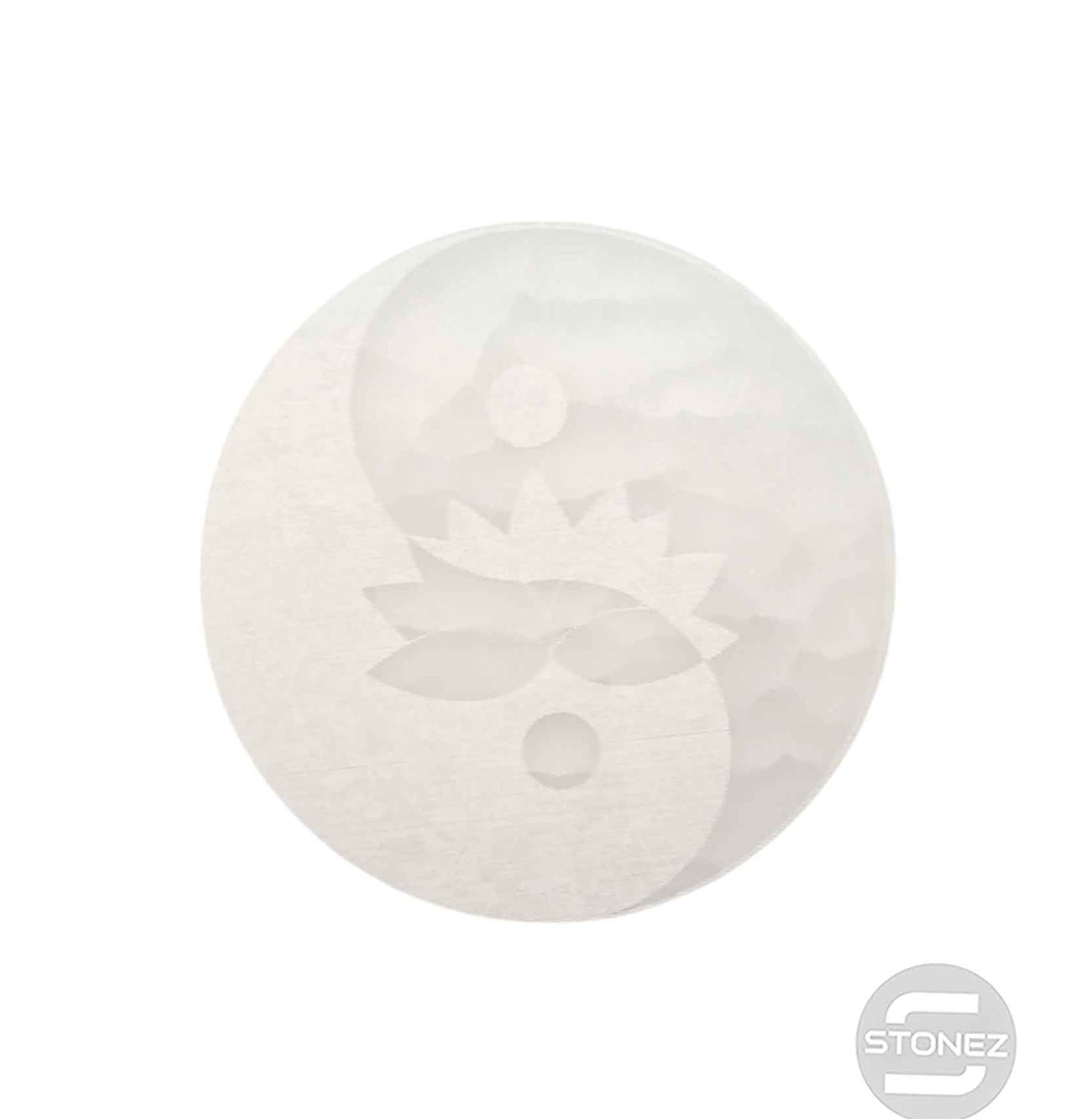 400901653 Plato Selenita Grabado Yin Yang Y Flor De Lotto 9-10 Cms Aprox