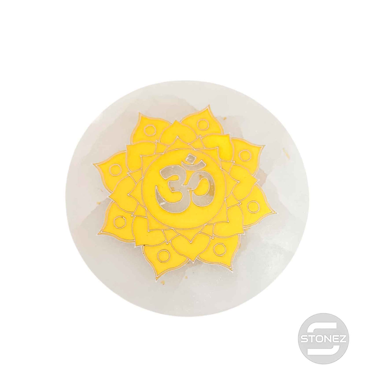 400901653 Plato Selenita Grabado Om Dorado 9-10 Cms Aprox