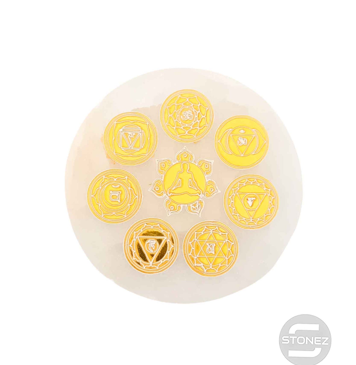 400901653 Plato Selenita Grabado 7 Chakras Simbolos Daorado 9-10 Cms Aprox