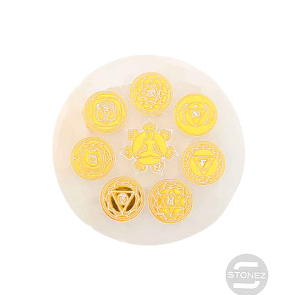 400901653 Plato Selenita Grabado 7 Chakras Simbolos Daorado 9-10 Cms Aprox