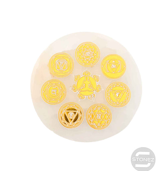 400901653 Plato Selenita Grabado 7 Chakras Simbolos Daorado 9-10 Cms Aprox