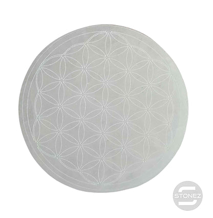 400901653 Plato Selenita Grabado Flor De La Vida 9-10 Cms Aprox - stonez