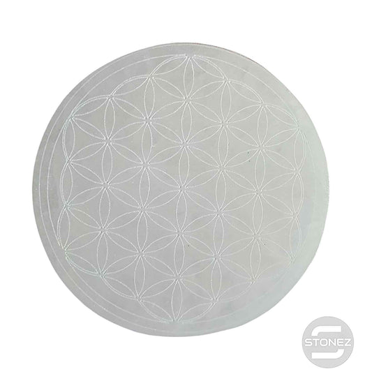 400901653 Plato Selenita Grabado Flor De La Vida 9-10 Cms Aprox