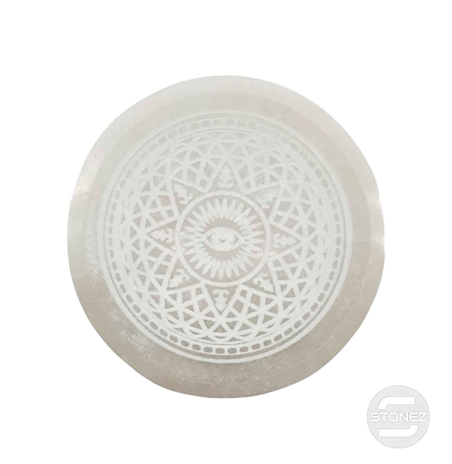 400901654 Cuenco Selenita Grabado Estrella y Ojo 10 Cms Aprox.